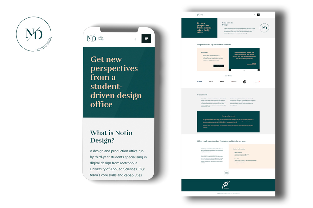 A mobile mockup and a full page layout of Notio Design student offices’ website